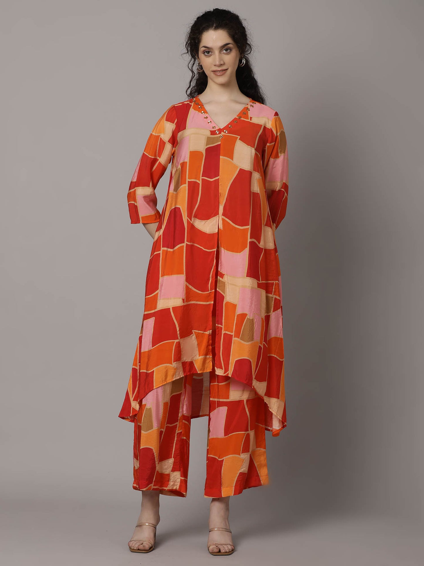 Myror Bright Orange Printed Coord set with embellishment for office and casual wear