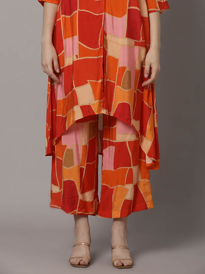 Myror Bright Orange Printed Coord set with embellishment for office and casual wear