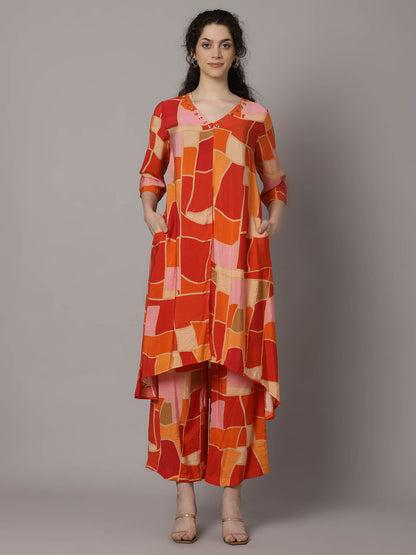 Myror Bright Orange Printed Coord set with embellishment for office and casual wear