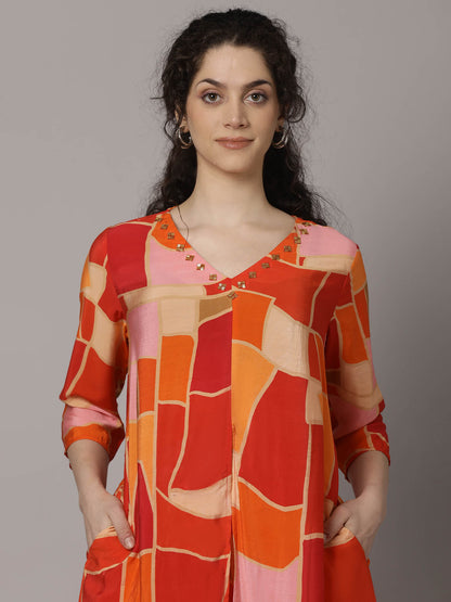 Myror Bright Orange Printed Coord set with embellishment for office and casual wear