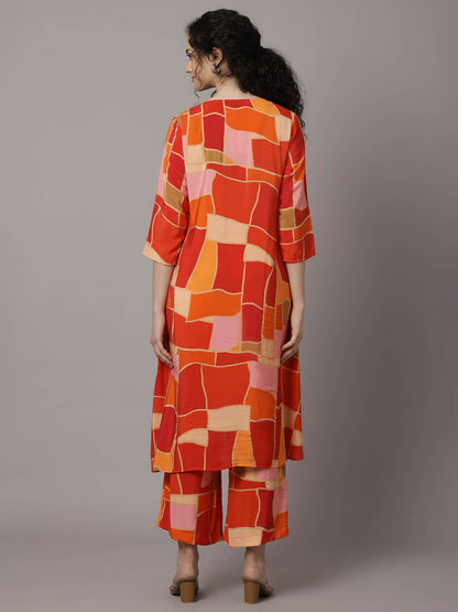 Myror Bright Orange Printed Coord set with embellishment for office and casual wear