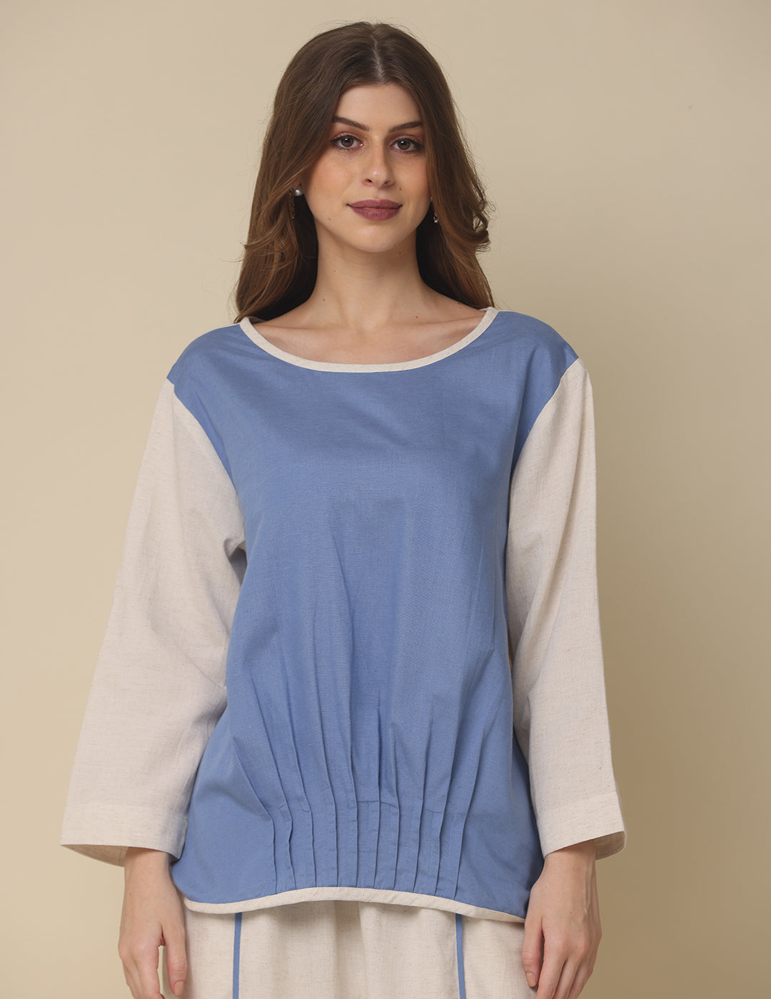 Cotton Light Blue Top with Ruffled Hem for Women