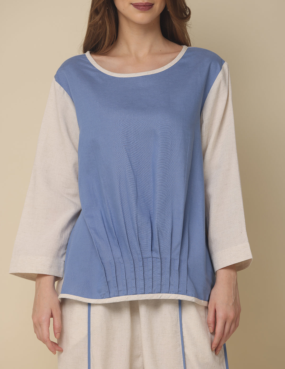 Cotton Light Blue Top with Ruffled Hem for Women