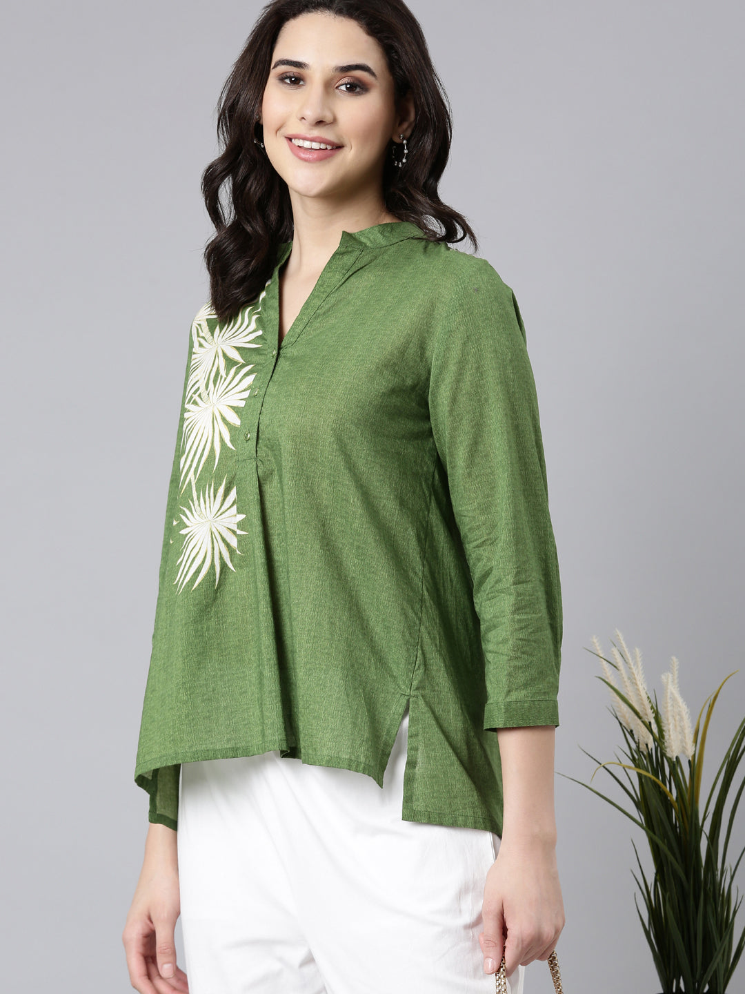 Cotton Green Top with Beautiful Floral Printfor casual and office wear