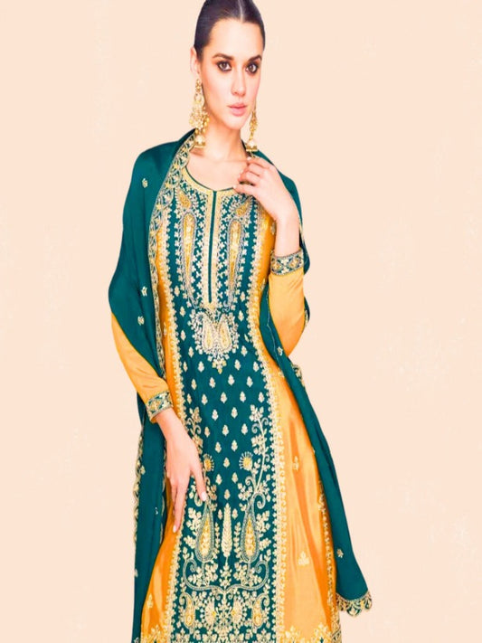 Myror-Ashirwad 3 piece heavy Suit Set for Festive Wear - Yellow and Green - Free Size