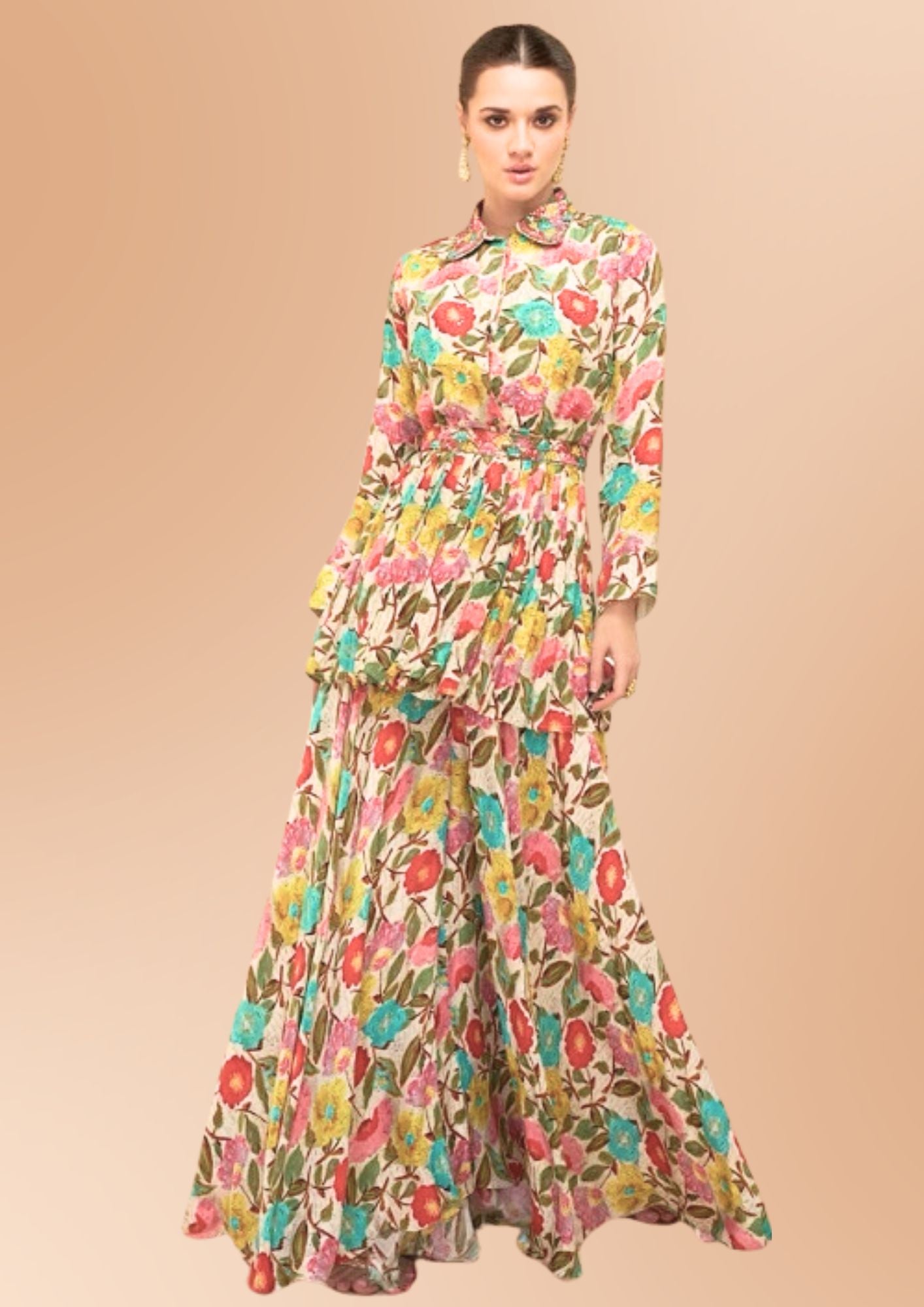 Floral Print Maxi Dress with Long Sleeves, Multicolour, Elegant, European Style