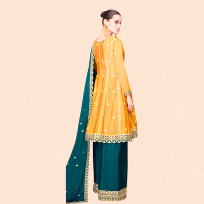 Myror-Ashirwad 3 piece heavy Suit Set for Festive Wear - Yellow and Green - Free Size