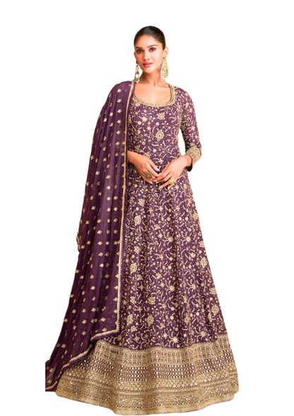 Myror Embroidered Anarkali Suit, Purple, Chinon Silk Fabric for casual, wedding, party wear