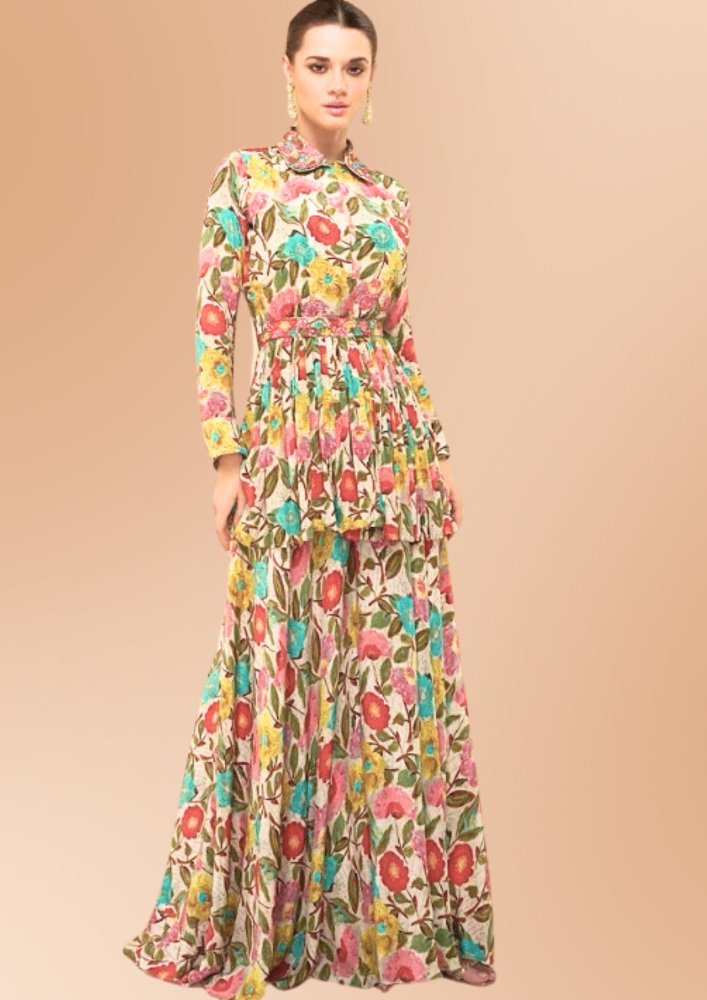 Floral Print Maxi Dress with Long Sleeves, Multicolour, Elegant, European Style