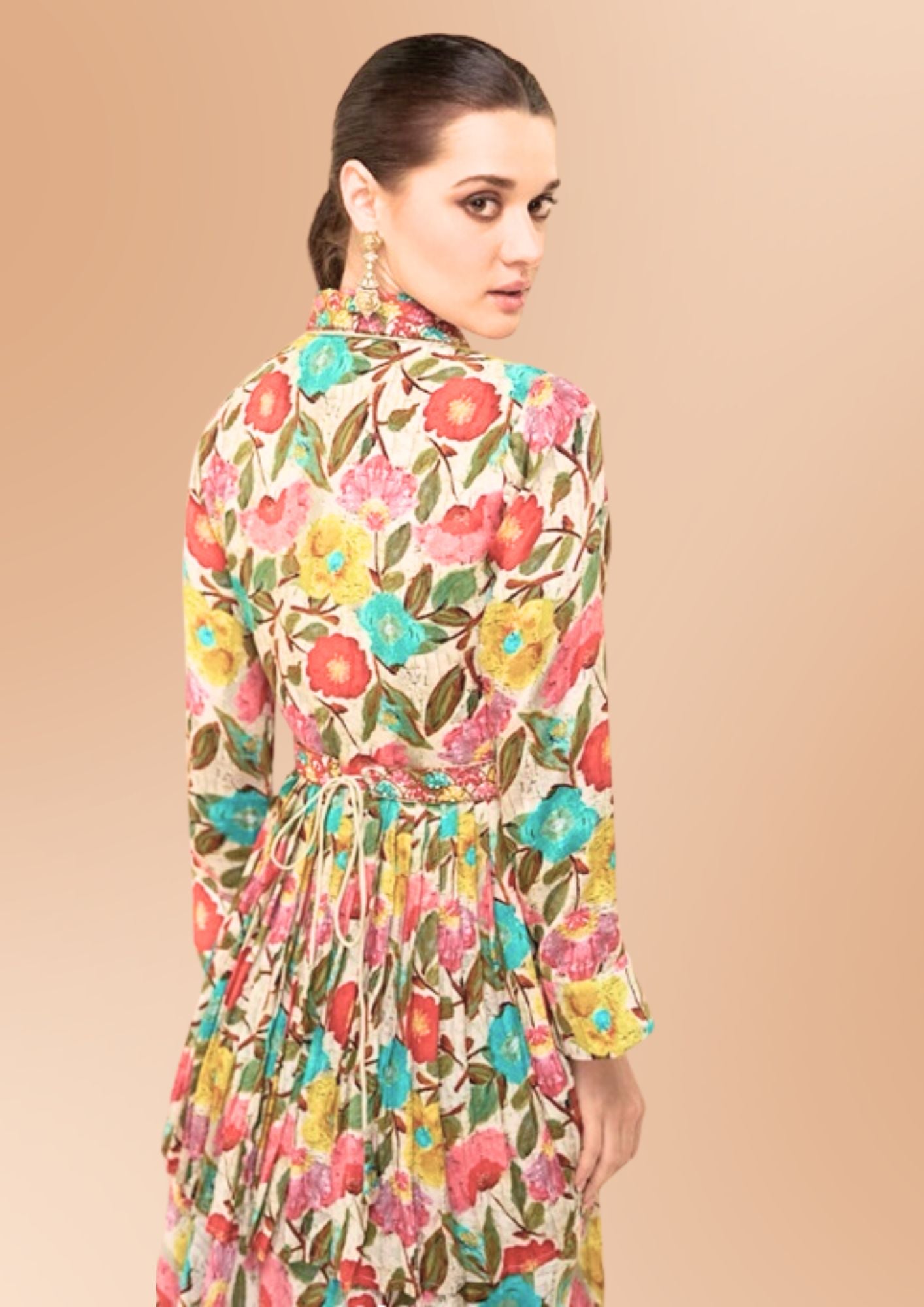 Floral Print Maxi Dress with Long Sleeves, Multicolour, Elegant, European Style