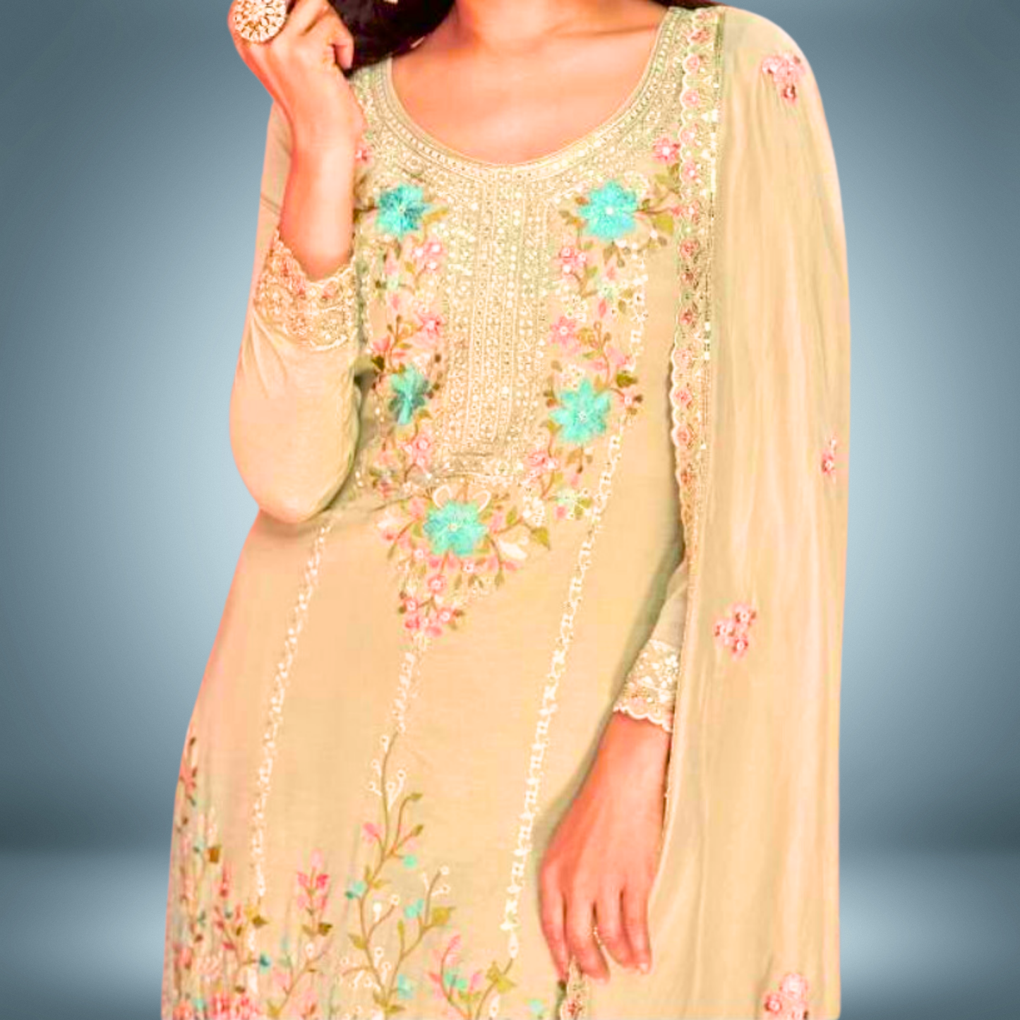 Embroidered 3 piece heavy Suit Set for Festive Wear - Beige - Free Size