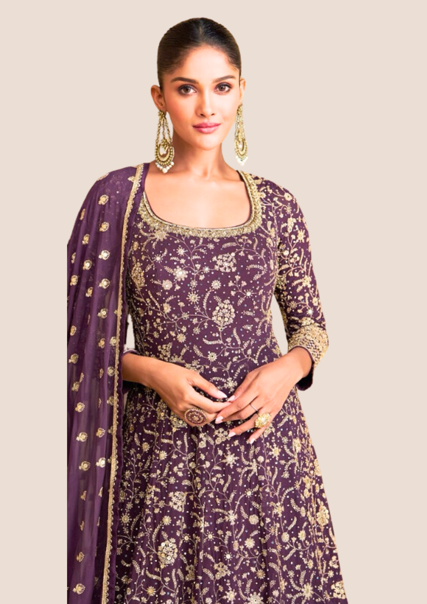 Myror Embroidered Anarkali Suit, Purple, Chinon Silk Fabric for casual, wedding, party wear