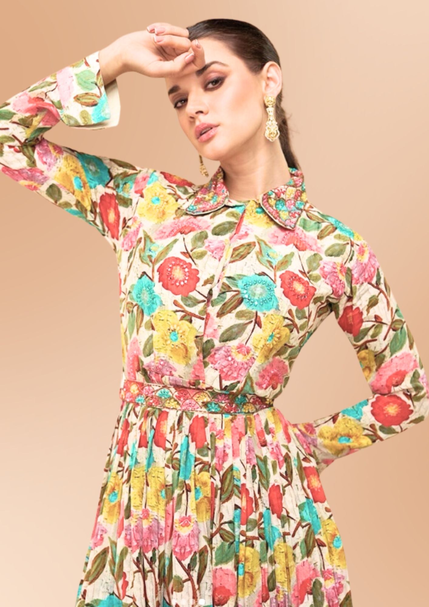 Floral Print Maxi Dress with Long Sleeves, Multicolour, Elegant, European Style