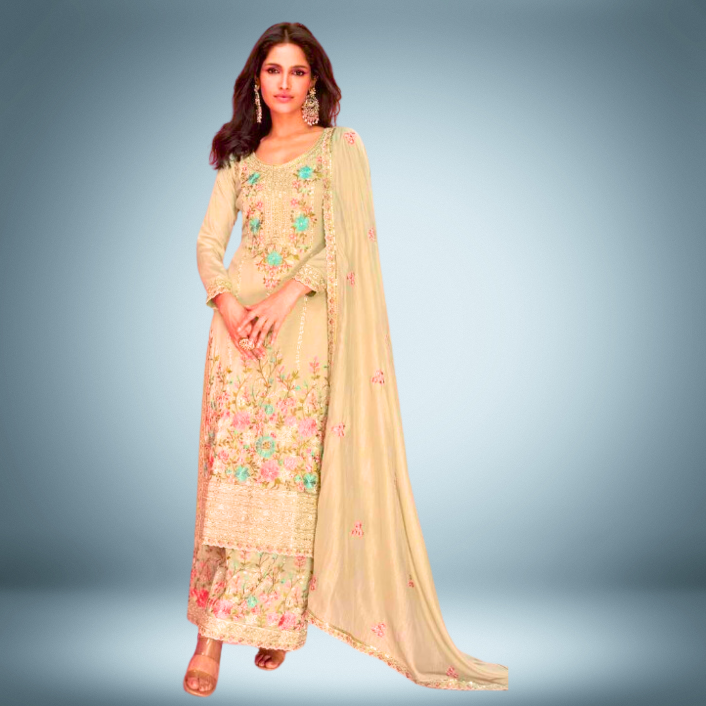 Embroidered 3 piece heavy Suit Set for Festive Wear - Beige - Free Size