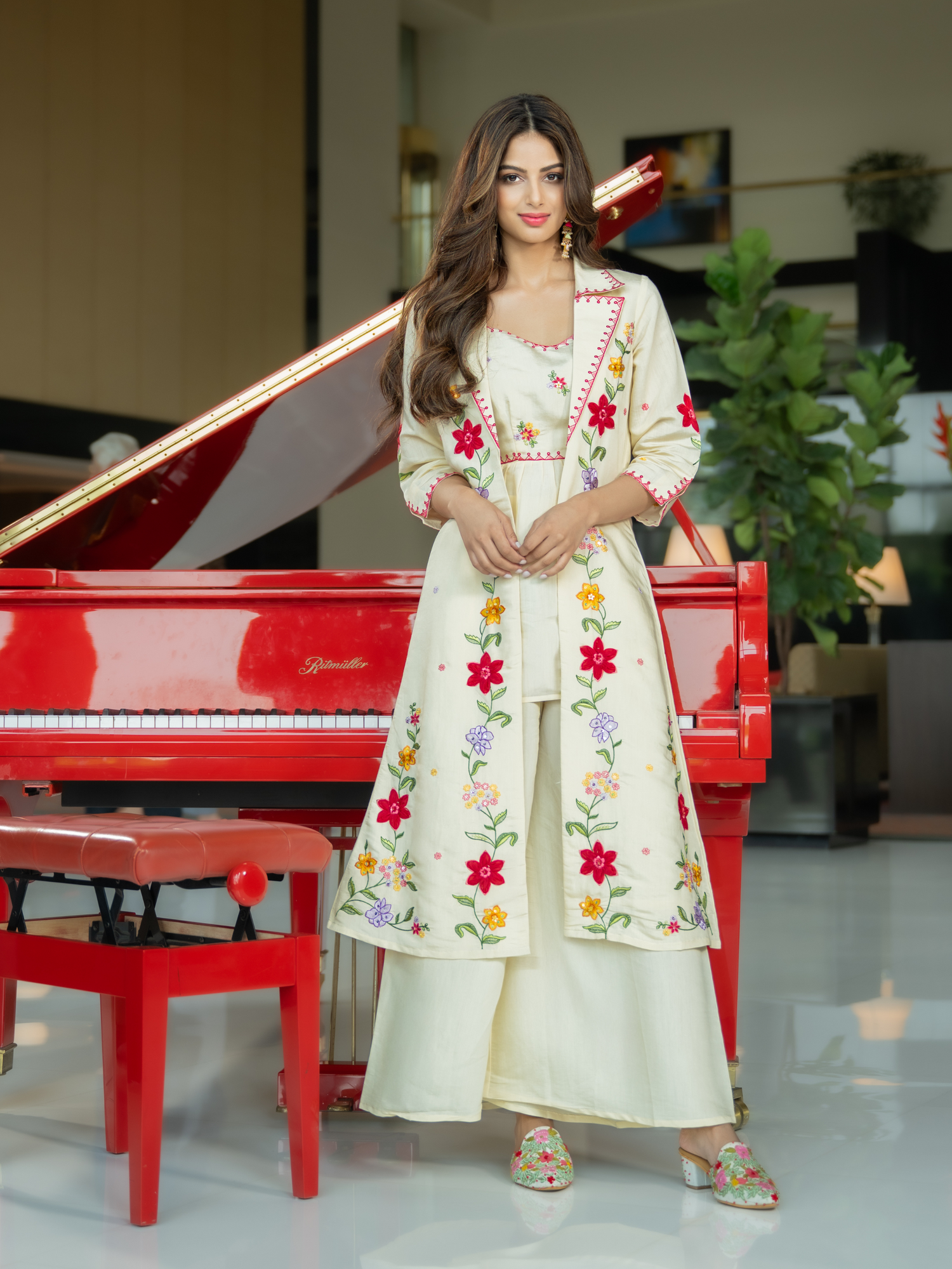 Cream Embroidered A-Line Kurta Palazzos Set4