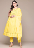 Anarkali style cotton fabric yellow color kurta with bottom and dupatta