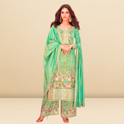 Embroidered 3 piece heavy Suit Set for Festive Wear - Green - Free Size