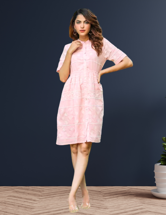 Women Embroidered Collared Cotton Women's Dress