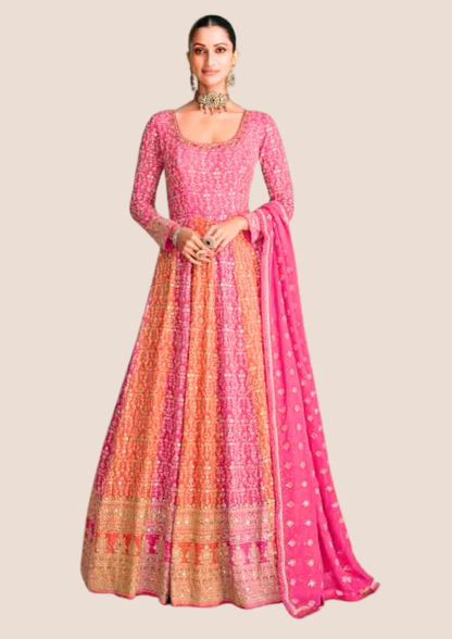 Myror Pink and Orange Embroidered Anarkali Gown, Long Sleeves, Floor Length for Casual, Party, Occasion