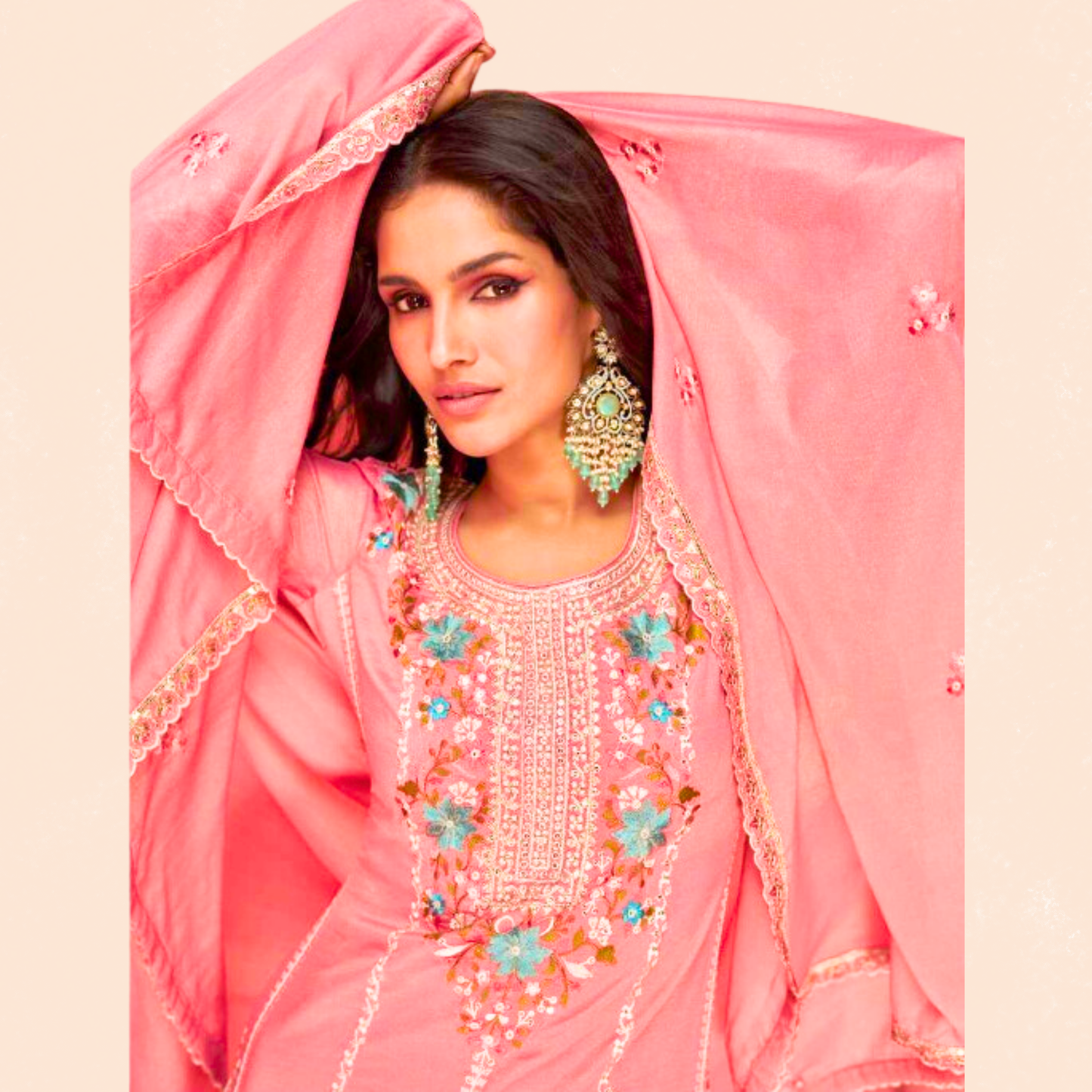 Embroidered 3 piece heavy Suit Set for Festive Wear - Pink - Free Size