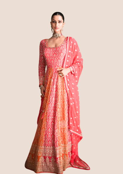 Myror Pink and Orange Embroidered Anarkali Gown, Long Sleeves, Floor Length for Casual, Party, Occasion