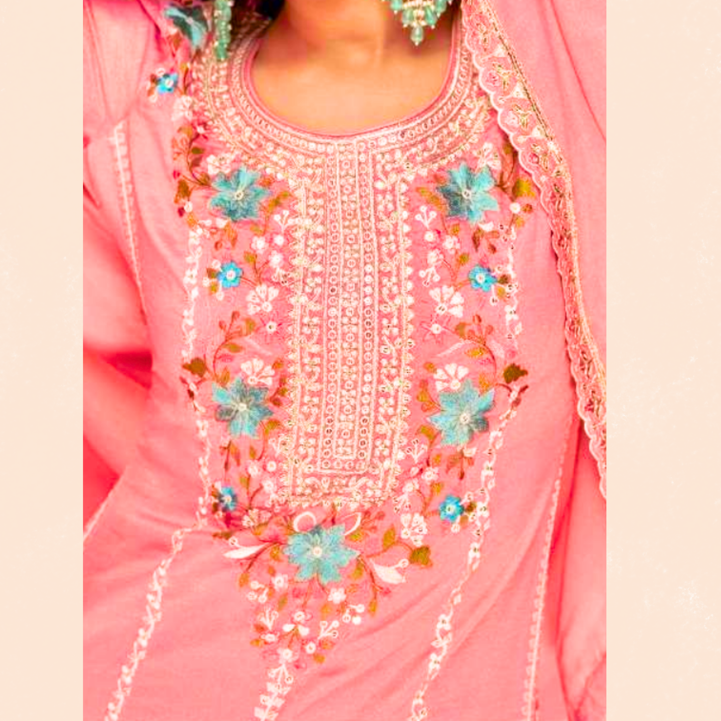 Embroidered 3 piece heavy Suit Set for Festive Wear - Pink - Free Size