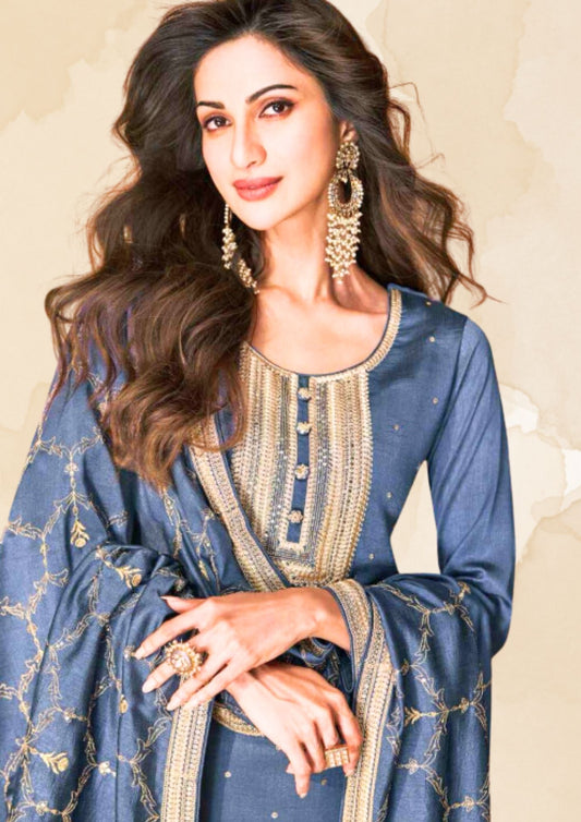 Women Festive Wear Greyish Blue Suit set with golden embroidery (Suit, Palazzo and Full size Dupatta)