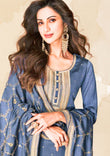 Women Festive Wear Greyish Blue Suit set with golden embroidery (Suit, Palazzo and Full size Dupatta)