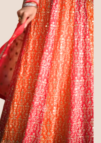 Myror Pink and Orange Embroidered Anarkali Gown, Long Sleeves, Floor Length for Casual, Party, Occasion