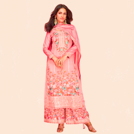 Embroidered 3 piece heavy Suit Set for Festive Wear - Pink - Free Size