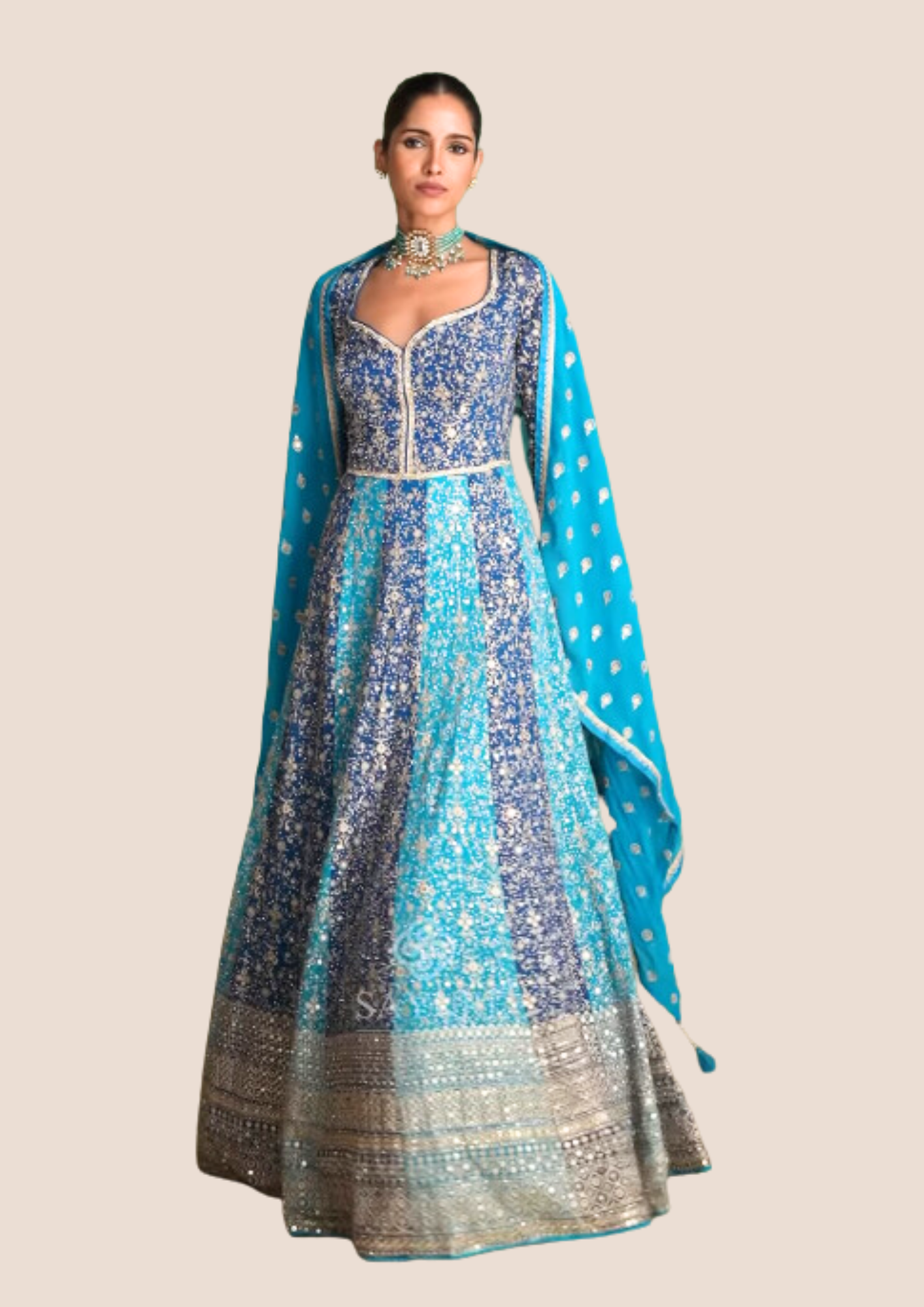 Myror Blue and Turquoise Embroidered Anarkali Gown, Long Sleeves, Floor Length for Casual, Party, Ocassion