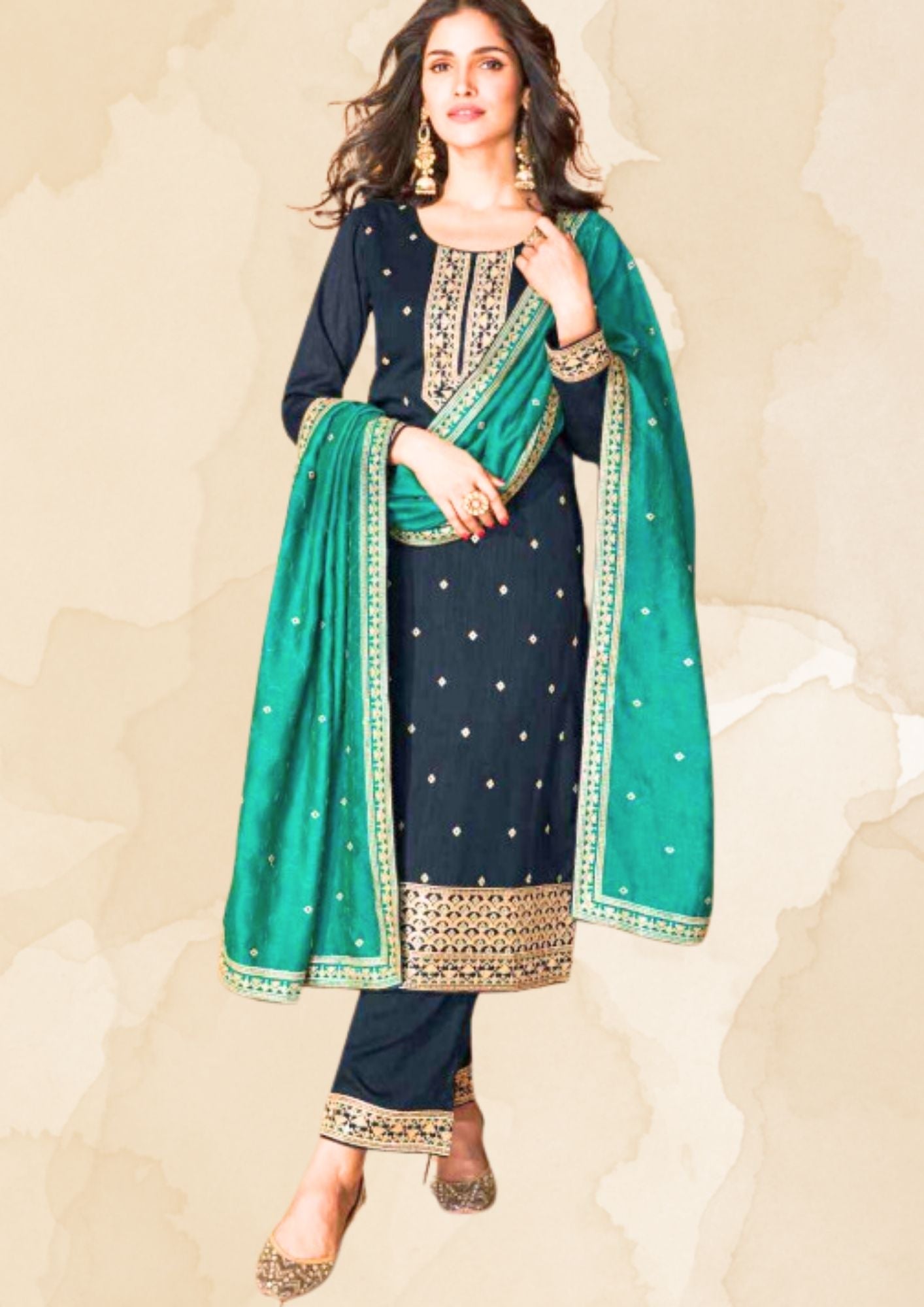 Women Festive Wear Dark Navy Blue Suit set with golden embroidery (Suit, Palazzo and Full size Dupatta)