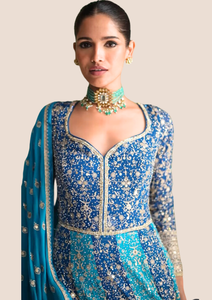 Myror Blue and Turquoise Embroidered Anarkali Gown, Long Sleeves, Floor Length for Casual, Party, Ocassion