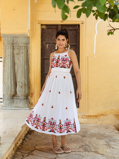 Rayon Paneri Halterneck White and Red Summer Dress