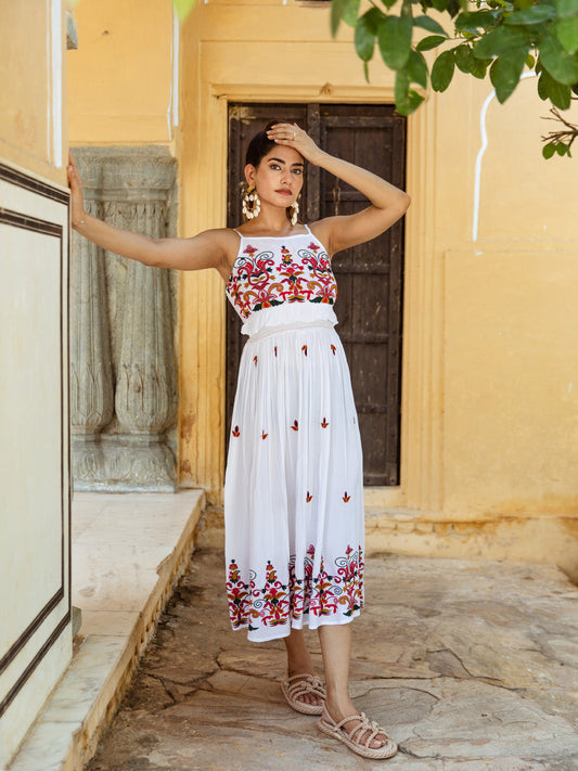 Rayon Paneri Halterneck White and Red Summer Dress