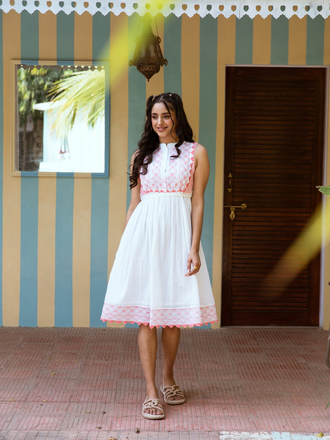 Cotton Dobby White and Pink Embroidered Summer Dress