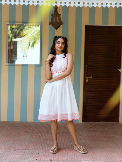 Cotton Dobby White and Pink Embroidered Summer Dress