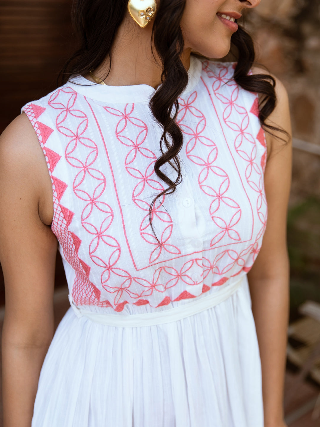 Cotton Dobby White and Pink Embroidered Summer Dress