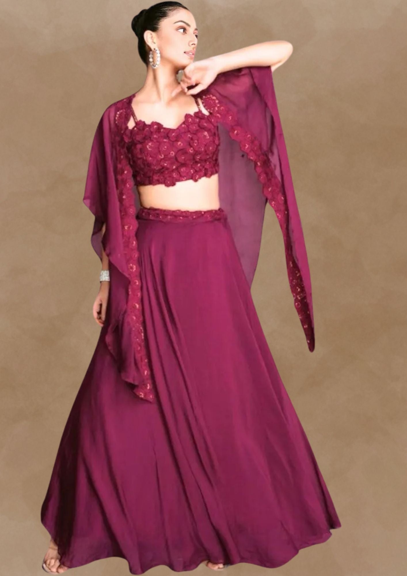 Wine Red Festive Dress for Events, Functions, Weddings || 2 Piece with Cape || Colorful, Sequined Designer Wear