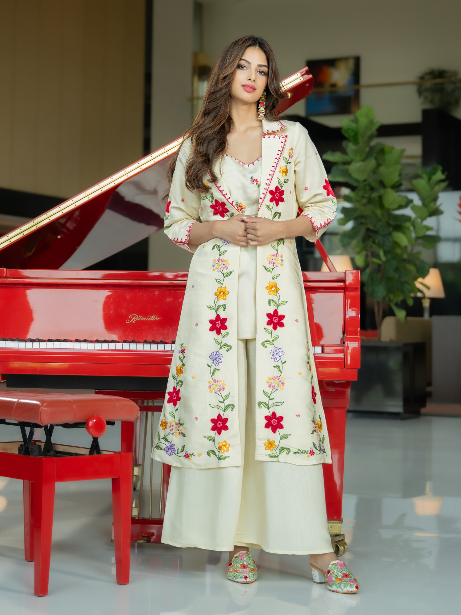 Cream Embroidered A-Line Kurta Palazzos Set5
