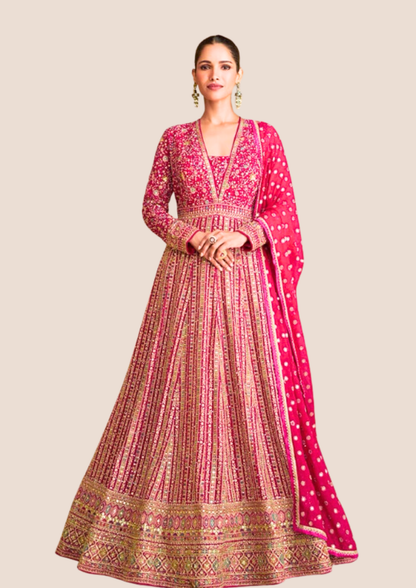 Myror Embroidered Anarkali Suit, Red and Pink, Chinon Silk Fabric for casual, wedding, party wear