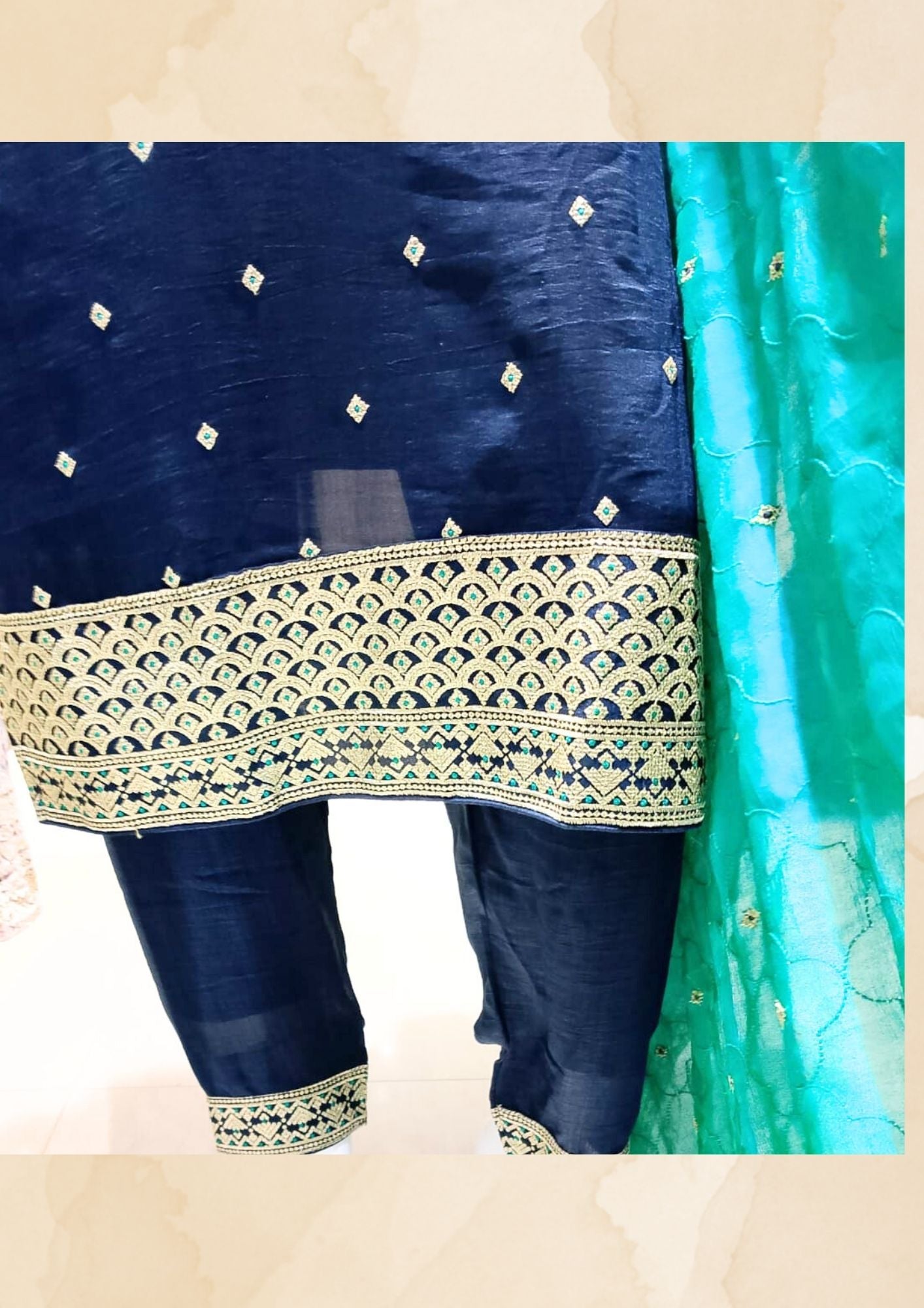 Women Festive Wear Dark Navy Blue Suit set with golden embroidery (Suit, Palazzo and Full size Dupatta)