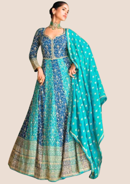 Myror Blue and Turquoise Embroidered Anarkali Gown, Long Sleeves, Floor Length for Casual, Party, Ocassion