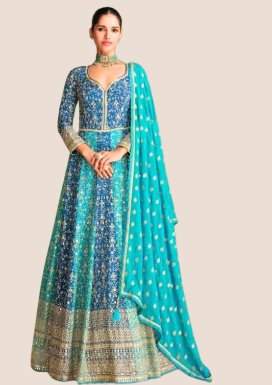 Myror Blue and Turquoise Embroidered Anarkali Gown, Long Sleeves, Floor Length for Casual, Party, Ocassion