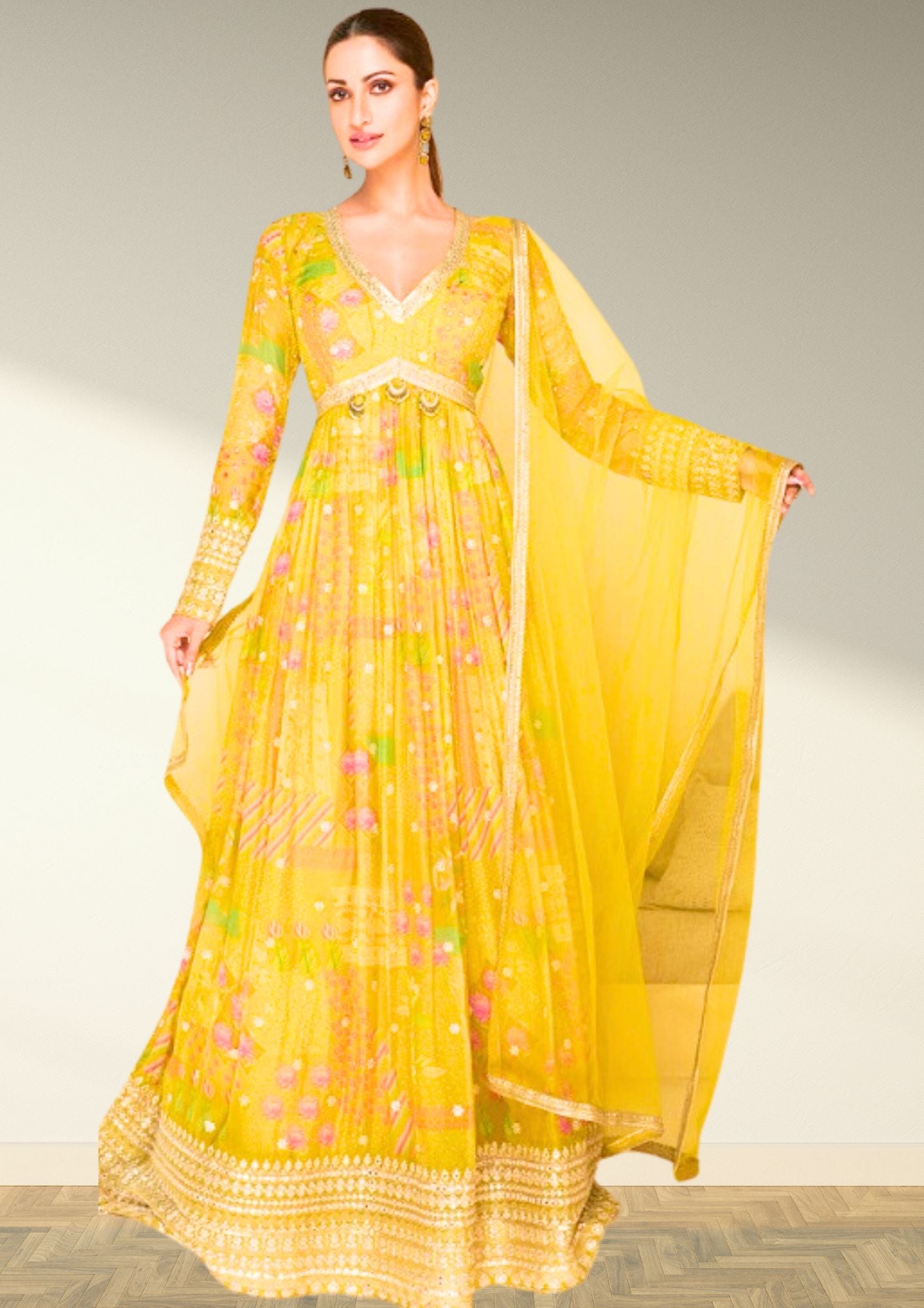 Mustard Yellow Anarkali Flared Dress for Women for Party, Wedding, Casual, Function, Event wear