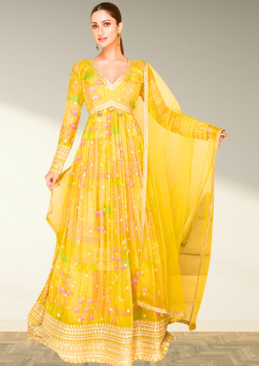 Mustard Yellow Anarkali Flared Dress for Women for Party, Wedding, Casual, Function, Event wear