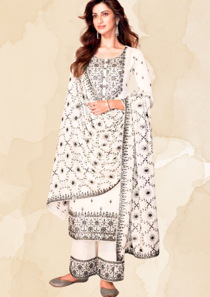 Festive Wear White Suit set with Black Chikankari work (Suit, Palazzo and Full size Dupatta)