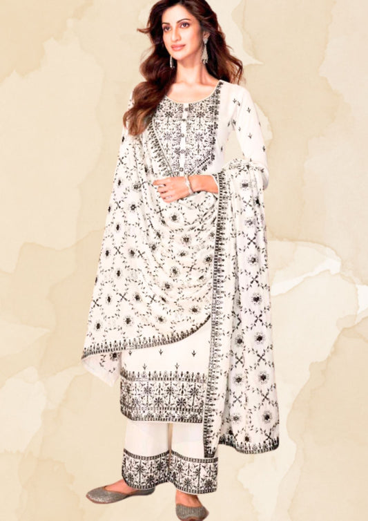 Festive Wear White Suit set with Black Chikankari work (Suit, Palazzo and Full size Dupatta)