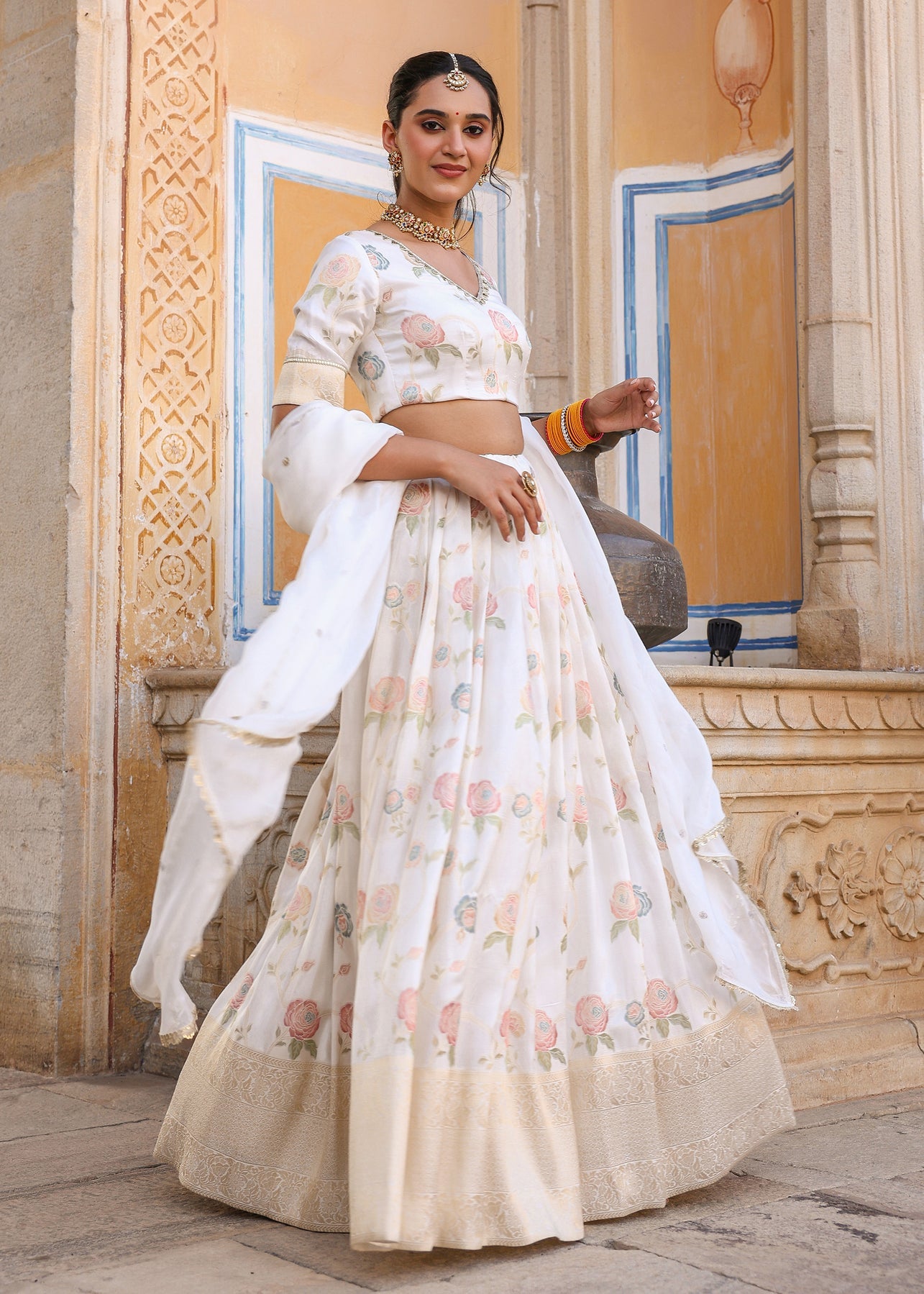 Readymade fully stitched White Floral Printed Jacquard Lehenga set with blouse and dupatta