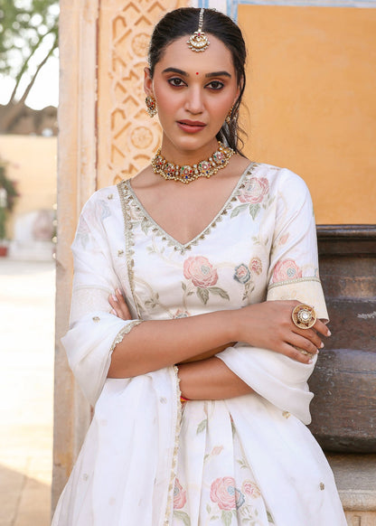 Readymade fully stitched White Floral Printed Jacquard Lehenga set with blouse and dupatta